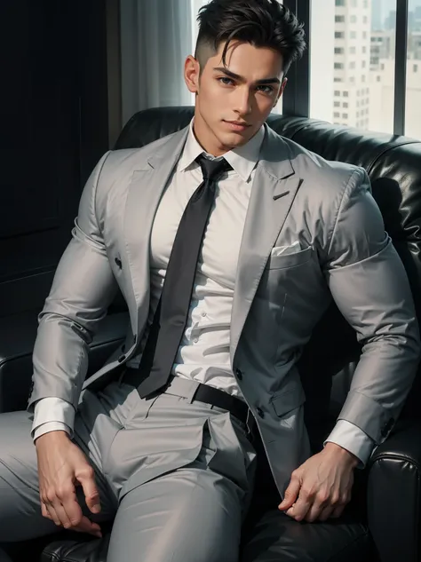 an extremely handsome muscular male model in gray suits posing in a highly luxurious lounge with soft lightings, (((with very short straight and tidily combed hairs))), ((with slightly smiling matured face showing deep dimples on both cheeks)), low rise sl...