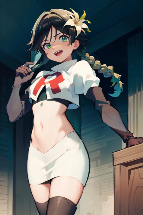 absurdres,venti,1boy, male focus, trap,black hair, green-blue hair, hair braid,hair flower,aqua green eyes,crossdressing,1boy,team rocket,team rocket uniform,white skirt,red letter R,crop top,black thigh-high boots,black elbow gloves, laughing, happy