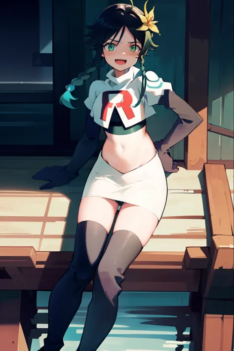 absurdres,venti,1boy, male focus, trap,black hair, green-blue hair, hair braid,hair flower,aqua green eyes,crossdressing,1boy,team rocket,team rocket uniform,white skirt,red letter R,crop top,black thigh-high boots,black elbow gloves, laughing, happy