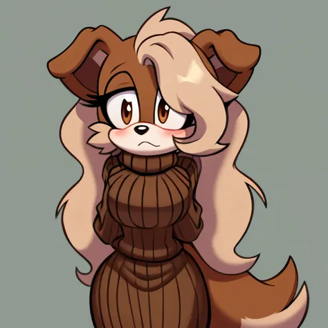 Female, Mobian, Dog, brown fur, large hair bang, hair over eye, brown eyes, large fluffy tail, long sleeve brown dress sweater with white high waist skirt, shy, nervous