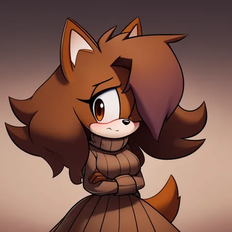 Female, Mobian, Dog, brown fur, large hair bang, hair over eye, brown eyes, large fluffy tail, long sleeve brown dress sweater with white high waist skirt, shy, nervous