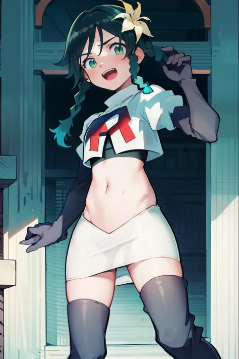 absurdres,venti,1boy, male focus, trap,black hair, green-blue hair, hair braid,hair flower,aqua green eyes,crossdressing,1boy,team rocket,team rocket uniform,white skirt,red letter R,crop top,black thigh-high boots,black elbow gloves, laughing, happy, blus...