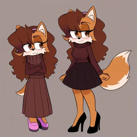 Female, Mobian, Dog, brown fur, large hair bang, hair over eye, brown eyes, large fluffy tail, long sleeve brown dress sweater, (white high waist skirt), black high heels, (shy), (nervous), crossed arms