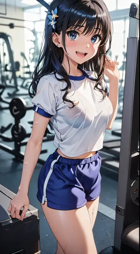 1womanl,Black hair,14 year old beautiful breasts,(((Sexy white and blue shiny gym clothes and short cheeks、Smile with open mouth)),(((Satin Narico))),((( portlate))),Crowds,Shiny white gym uniform and blue shorts,Wet with sweat,playground