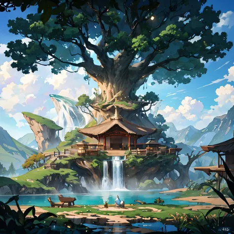 There is a huge ancient tree in the middle of the picture、The leaves emit a golden glolowing balls），thatched hut、springtime、jungles、lakes、waterfallr、grassy fields、Rochas、hot onsen、hydrosphere、surrounded by cloud，（illustratio：1.0）、Epic composition、Realistic...