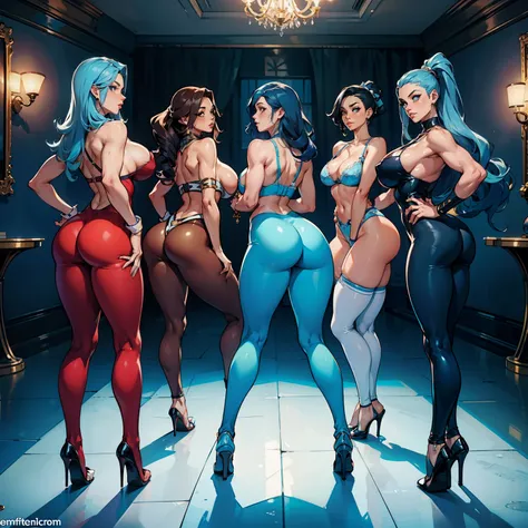 long blue hair,huge boobs,milf,mommy,high heels,sideview,blue tightleggings,mansion,standing,holding ass, 4 women,fit,flexing,bending over,many women,4 girls,naked