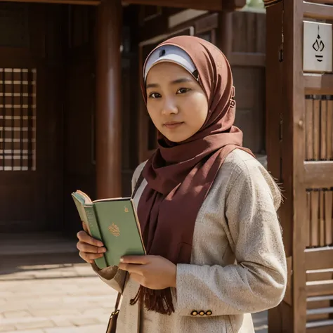 A malay girl in her 20s,wearing hijab,holding book at Gyeongbokgung Palace