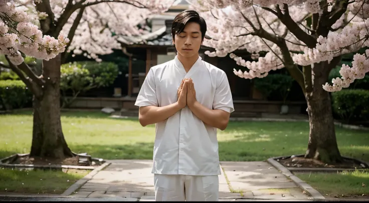 An Asian man with short, straight, and voluminous hair in a meditative position, with closed eyes and hands in a prayer pose. He wears light and white clothing. The sun illuminates the scene, creating a clear image and conveying a sense of tranquility and ...