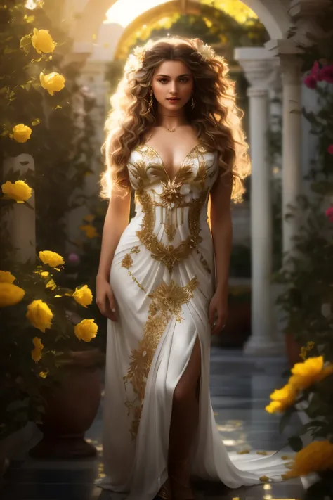 a woman in a white dress standing in a garden with yellow flowers, gorgeous goddess of leo, beautiful goddess, ornate gown, ((a beautiful fantasy empress)), wearing a magnificent dress, karol bak uhd, ornate dress, fantasy dress, extravagant dress, greek g...