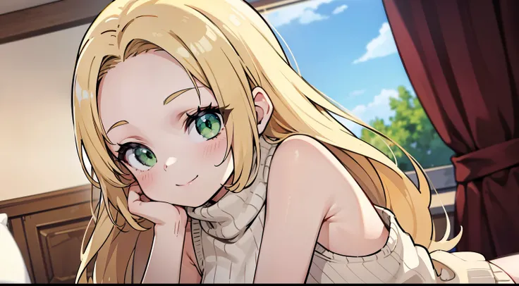 masterpiece, best quality, anime screencap, (subject: 1girl, solo, blonde, beige hair, very long hair, forehead, green eyes, small breasts, petite, nervous smile, cute), (outfit: turtleneck sweater, sleeveless, sleeveless sweater, oversized sweater, bottom...