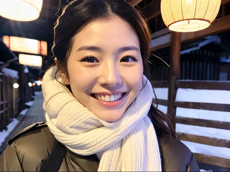 Self Whitening Salon、Instagram Posts、beautiful japanese female、Impressive white teeth、lovely smile、unclear、发光、Onsen town in winter