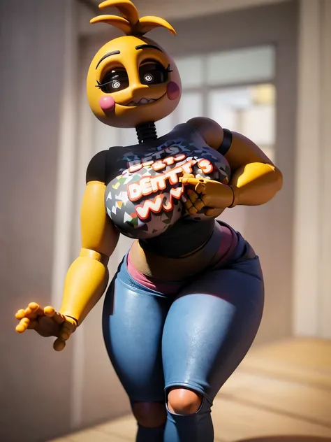 (masterpiece, best quality:1.2), detailed background, 8k hd, high detail, shot from side, ToyChica, 1girl, solo, annoyed, massive thighs, ((gigantic hips)), ((massive butt)), ((very tight jeans)), jeans, breasts, heart, colored skin, yellow skin, symbol-sh...