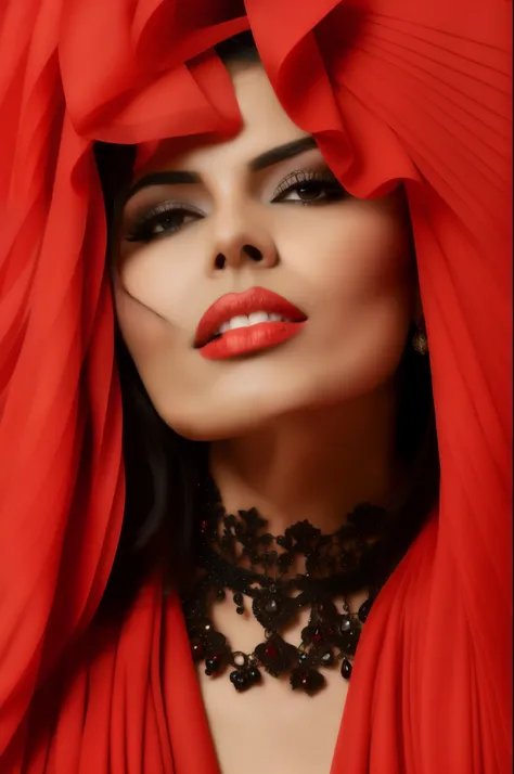 arafed woman with red dress and black necklace and red shawl, red silk flowing fabric, portrait shot, portrait of sherlyn chopra, fine art fashion photography,  woman, portait of haifa wehbe, dressed in a beautiful red cloak, fashion model photography, sul...