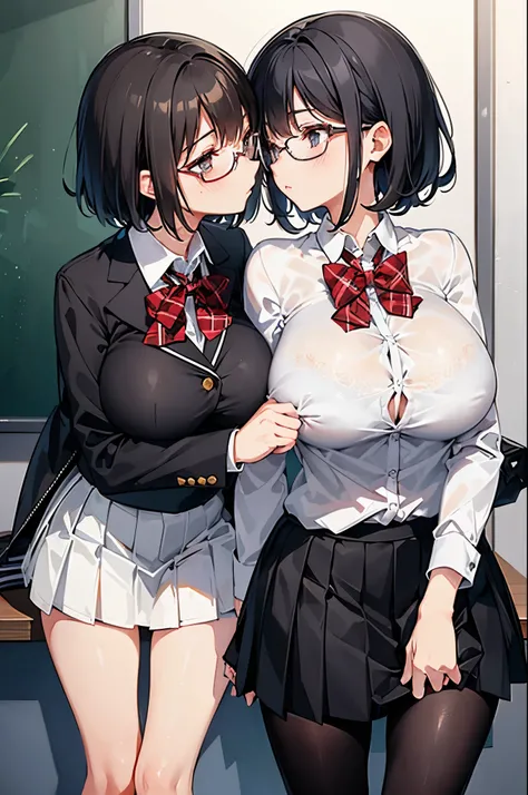 2 girls, kiss, glasses, blush, (slim body:1.2), (huge breasts:1.1), (slender legs:1.1), short hair, black hair, school uniform, white long sleeve shirt, pleated skirt, (black tights:1.1),