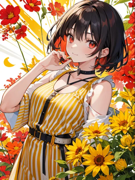 Red Eyes, girl, holding a single flower, yellow-green striped shirt with thick stripes, Red eyes glowing red, Head Tilted, short brown haired, With a clear smile on his face, chara, quadratic element, Stand among golden flowers with rays overhead