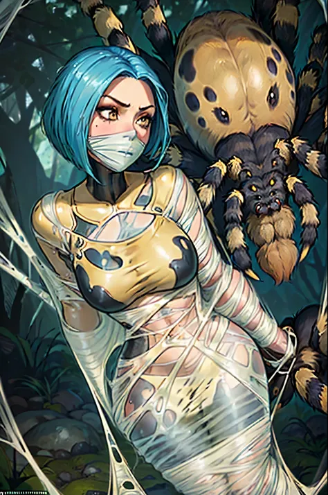 close up, (Upper Body: 1.4), erotic, dramatic pose, ((1 woman: 1.7 )), blue colored hair, (bob cut), ( center part), ((thick hair)), in her 20s, sexy, spider web, tied up, cocoon, bound, ((gagged: 1.4)), (slime) gag, silk, ((arms bound behind back: 1.4)), ...