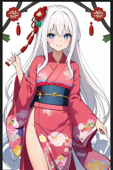 Chica anime, ((Masterpiece), top-quality, Top image quality, ((((solo)))), ((((white hair)))), long hair, Beautiful blue eyes, Shining eyes, dye ones cheeks red, smile, teens girl, 18yo, cute, {{{{pink floral printed kimono}}}}, wearing fusion kimono and y...