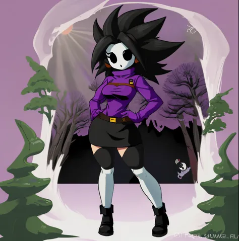 [shy gal], ((beautiful 2D art)), ((solo portrait)), ((full body)), ((front view)), ((High quality)), ((anime)), ((detailed shading)), ((intricate details)), {(shy guy), (woman body), (shy guy mask), black hair, Caulifla styled hair, beautiful legs, (curvac...