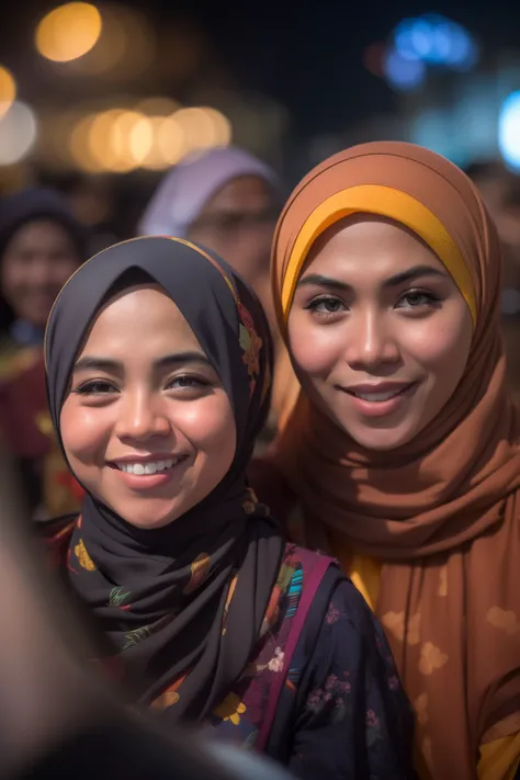 portrait photography of a beautiful young malay girl in hijab with 1 malay man watching a concert, wear traditional malay attire...