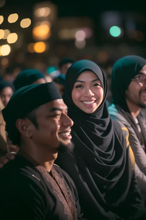 portrait photography of a beautiful young malay girl in hijab with 1 malay man watching a concert, wear traditional malay attire...