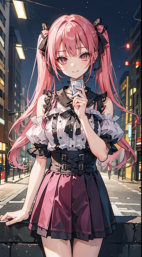 (8k、top image quality、top-quality、​masterpiece)、a detailed face、1 girl in、a pink-haired、((twintails))、pink eyes、耳环、evil smile、sm...