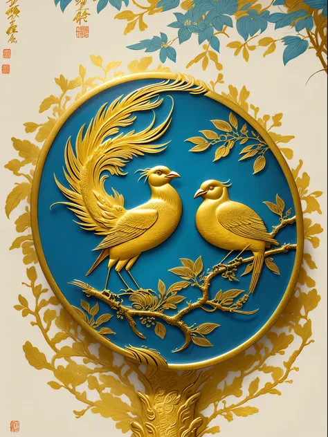 A golden bird and leaves illustration on a blue background, in the style of gongbi, Exquisite, embossed, luxurious, influenced by ancient chinese art, illustration