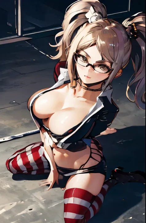 (masterpiece,best quality, detailed), 1girl, solo, indoors, prison, dark, kneeling, handcuffs, from above,
shiraki meiko, striped, midriff, prison clothes, glasses, hair bun