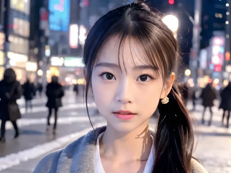 Photorealsitic, 8k full-length portraits, Beautuful Women, A charming expression, poneyTail, sixteen years old, TOKYOcty, Winters, Shibuya in the background