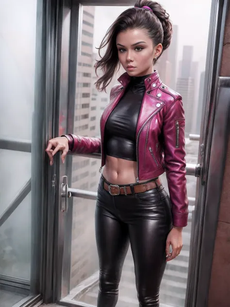 super realistic, 4k, shoes shot view, a woman korean face with ponytail style hair and magenta leather jacket, magenta leather p...