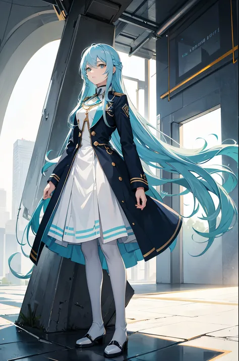 1woman, long hair, light blue hair, green eyes, white academy uniform, standing on ground, high res, ultra sharp, 8K, masterpiece