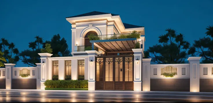 A neoclassic house with an exterior design featuring a hip and valley roof, xingfa black windows, (|warm light| |inside interior house|),(horizontal |white frame panels| covering the balcony), (white column:1.2), (night light:1.3), (night view:1.3), 3000k,...