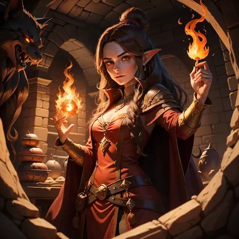 Dungeon and dragons game style drawing. A female dwraf wizard with brown long hair with fair in her hand casting fireball