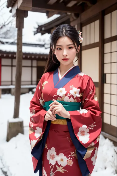 japanese shinto shrines in snowy landscapes, early morning of new year's day, ((a beautiful japanese girl in a long-sleeved kimo...