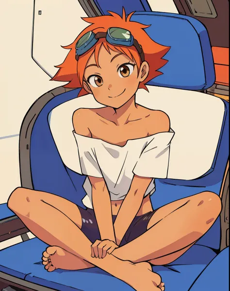 Edward,midriff,orange hair,white shirt,off shoulder,collarbone,tan skin, black bike shorts, barefoot, (((perfect feet))) goggles on forehead, brown eyes, space cockpit, upper body,sitting,smiling,(insanely detailed, beautiful detailed face, masterpiece, be...