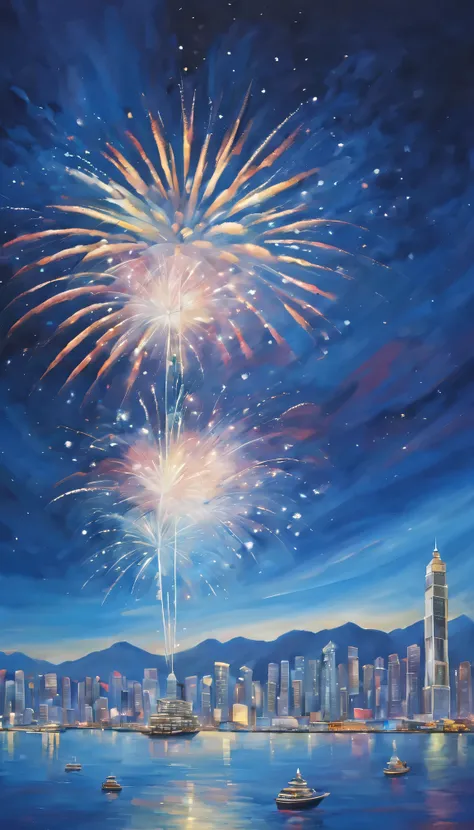 wide wide shot,Expansive night sky,new year,(oil painted): Victoria Harbour at night,Sparkling reflections dance on the water,Gleaming skyscrapers lining the harbor,Spectacular fireworks display,Cruise ships,Soft shadows and highlights,