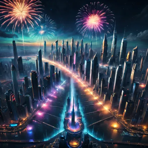 (Best quality at best,4K,8K,A high resolution,tmasterpiece:1.2),ultra - detailed,(actual,photoactual,photo-actual:1.37),A futuristic,cyber punk perssonage,new year celebration,Spectacular fireworks display,glowing city lights,Technological progress,arquite...