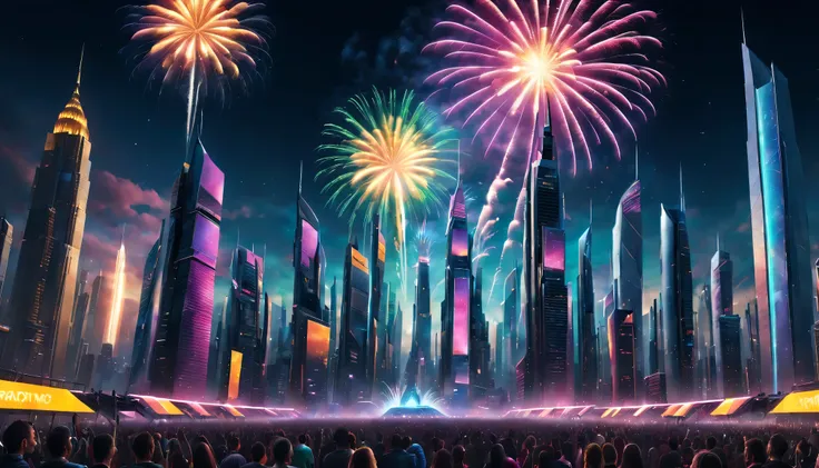 (Best quality at best,4K,8K,A high resolution,tmasterpiece:1.2),ultra - detailed,(actual,photoactual,photo-actual:1.37),A futuristic,cyber punk perssonage,new year celebration,Spectacular fireworks display,glowing city lights,Technological progress,arquite...