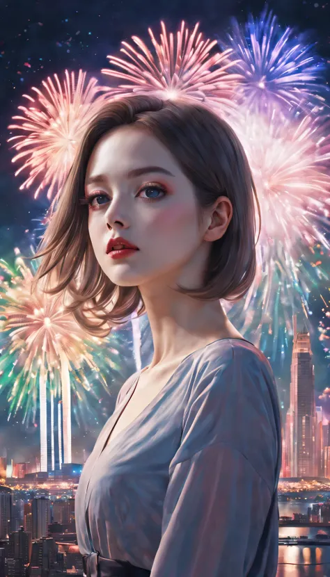 oil painted，filmposter，wide wide shot，Expansive night sky，new year，A grand fireworks display，feminine portrait，double exposure effect，vivd coloong exposure technology，creative composition，artsy photography，hight contrast，soft focus，vague background，multipl...