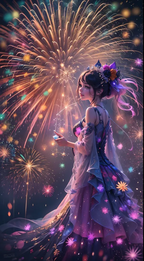 (best quality,4k,8k,highres,masterpiece:1.2),ultra-detailed,(realistic,photorealistic,photo-realistic:1.37),colorful, vibrant, absolutely stunning, breathtaking

A magical New Years Eve sky filled with an extravagant fireworks display, featuring bursts of ...