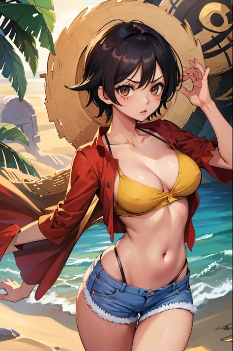 (masterpiece), best quality, expressive eyes, perfect face, highres, 1 girl, solo, monkey_d_luffy, straw hat, scar, scar under eye, genderswap, brown eyes, open shirt, tropical island, sand, standing, portrait, looking at the viewer