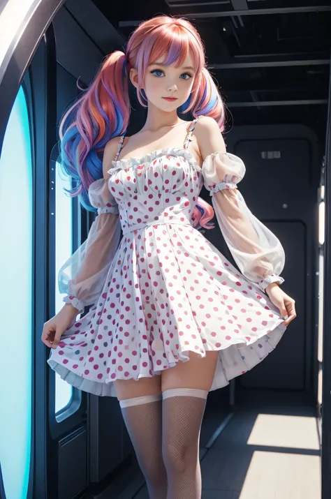 Cute redhead with rainbow colored hair tips, ribbons in her hair, 18-year-old woman, happy, in twin tails, perfect eyes, clear sparkling blue eyes, pale skin, silky smooth skin, standing on a fancy metal luxurious space ship, futuristic corridor, dark warm...