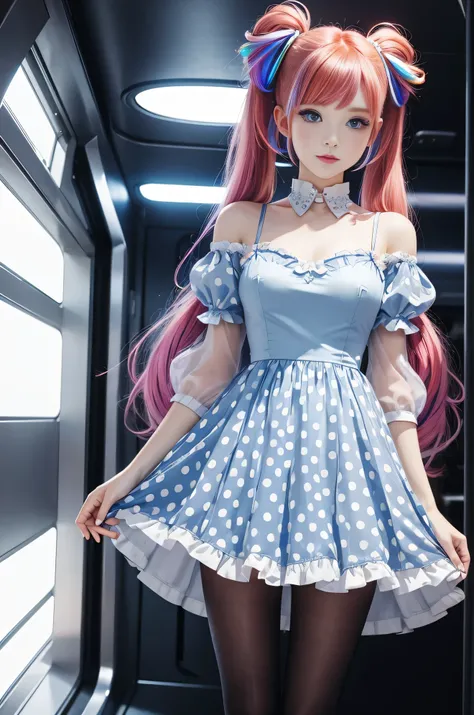 Cute redhead with rainbow colored hair tips, ribbons in her hair, 18-year-old woman, happy, in twin tails, perfect eyes, clear sparkling blue eyes, pale skin, silky smooth skin, standing on a fancy metal luxurious space ship, futuristic corridor, dark warm...