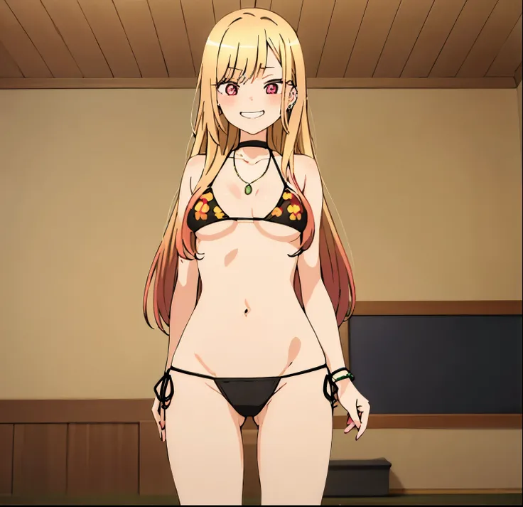 masterpiece, best quality, highres, kitagawa marin, 1girl, alone blonde hair, long hair, multicolored hair, red eyes, jewelry, necklace, choker, black bikini, floral print, bracelet, side-tie bikini bottom, , cowboy shot, indoors, room, standing, grin, str...