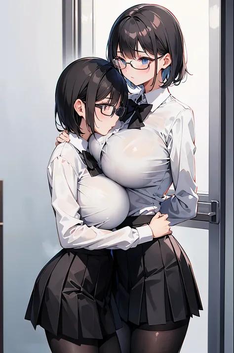 2 girls, kiss, glasses, blush, (slim body:1.2), (huge breasts:1.1), (slender legs:1.1), short hair, long hair, black hair, school uniform, white long sleeve shirt, pleated skirt, (black tights:1.1),