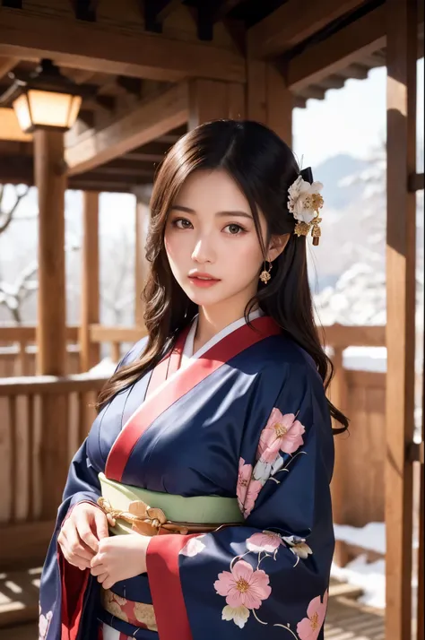 japanese shinto shrines in snowy landscapes, early morning of new year's day, ((a beautiful japanese girl in a long-sleeved kimo...