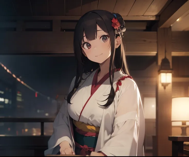 ultra-quality, ultla highres, Hyper Detailed, High contrast, Ultrafine Strike, creative refinement,A dark-haired,ssmile,kimono