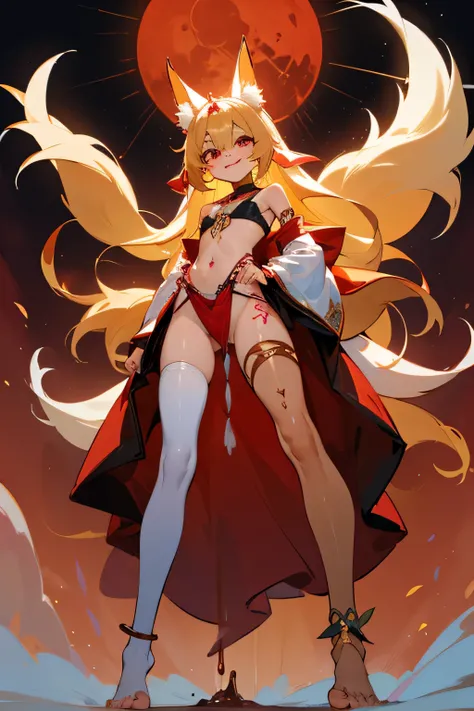 loli, petite, red eyes, flat chests, blonde colored hair, long straight hair, fox ears and tails, caramel colored tanned skin, full body shot, sloppily worn white kimono, jewelry, anklet, lifting skirt, tongue out, licking lips, red womb tattoo, corrupted ...