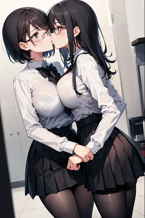 2 girls, kiss, glasses, blush, (slim body:1.2), (huge breasts:1.1), (slender legs:1.1), short hair, long hair, black hair, school uniform, white long sleeve shirt, pleated skirt, (black tights:1.1),