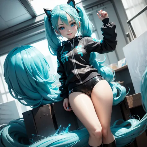 PIAPRO,miku hatsune,Black pants,No exposed skin,,are properly dressed,a smile,unclear,blue eyess,Blue-haired twin tails,animesque,