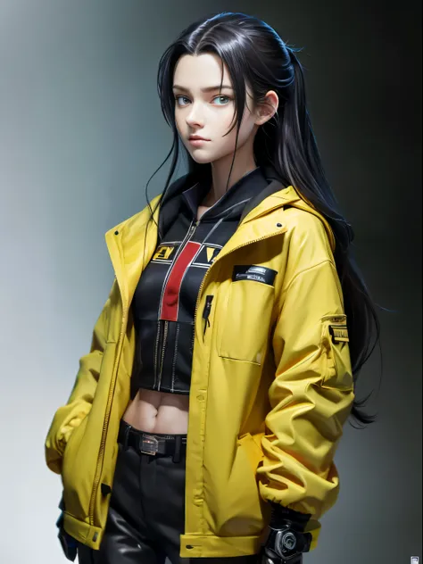 Ultra high-definition images，girl with, Yellow jacket, Hands in pockets, Staring at others, Long Black Hair, Iris heterochromatic pupil, 8K resolution, Very detailed, Anatomically correct, Digital Painting, Concept art, Shinkai Makoto style, Clear picture,...